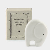 East of India quotable matchbox collection Porcelain Elephant presented in a small matchbox with the words; 'Remember you are loved'