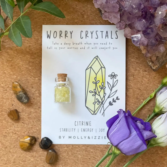 Mini Jar of Worry Crystals by Molly & Izzie Presented on A7 gift card with the following message; Citrine - Stability, energy, joy    Take a deep breath when you need tell us your worries and it will comfort you'. 