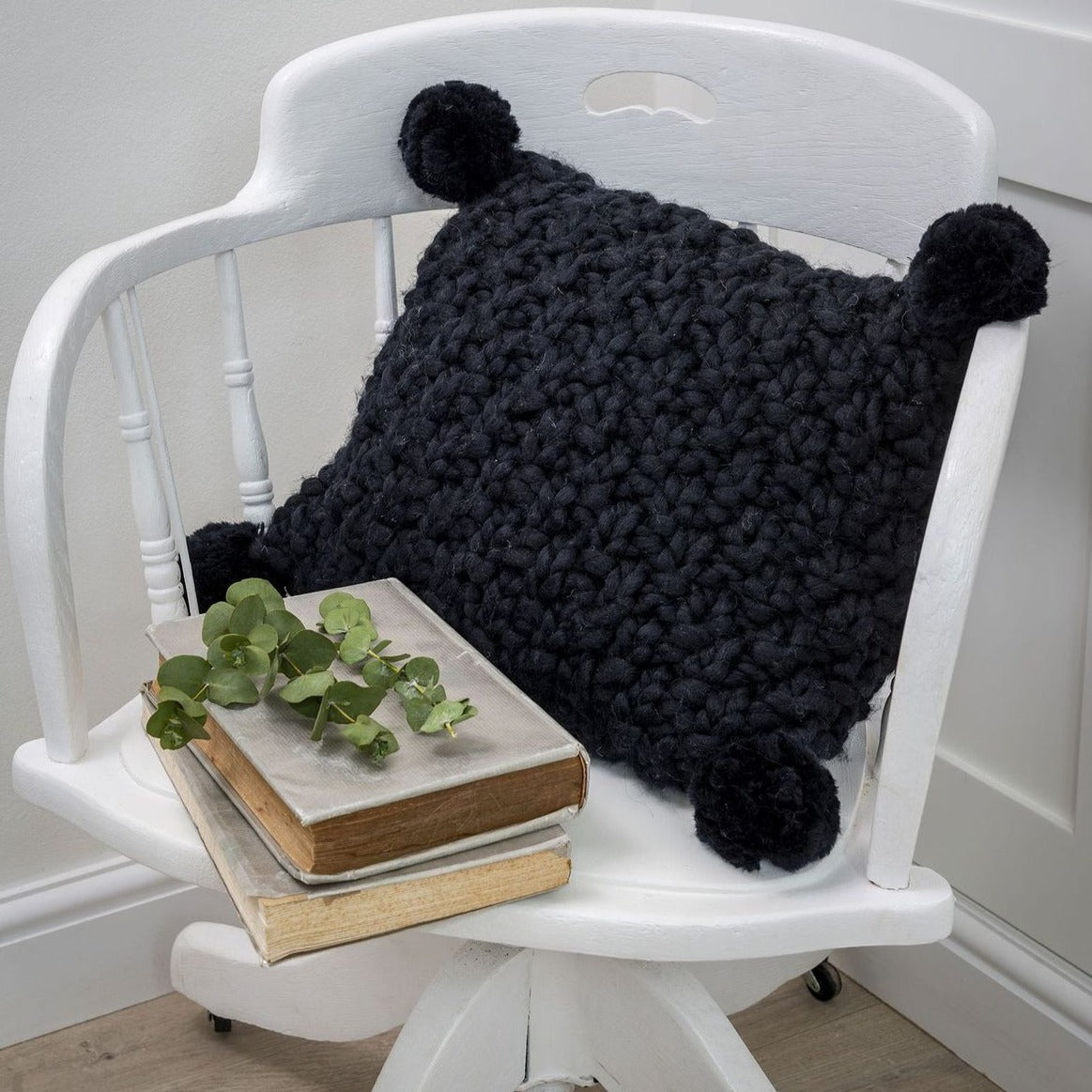 Retreat Black Knit Cushion with Pom Poms The Life Store Brigg