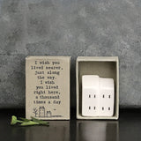 East of India quotable matchbox collection Porcelain House presented in a small matchbox with the words; 'I wish you lived nearer just along the way. I wish you lived right here, a thousands times a day'