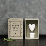 East of India quotable matchbox collection Small porcelain Heart on a wire stood on a block presented in a small matchbox with the words; 'Wishing you every happiness for the future'