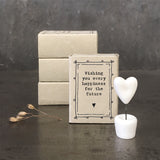 East of India quotable matchbox collection Small porcelain Heart on a wire stood on a block presented in a small matchbox with the words; 'Wishing you every happiness for the future'