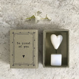 East of India quotable matchbox collection Small porcelain Heart on a wire stood on a block presented in a small matchbox with the words; 'So proud of you'