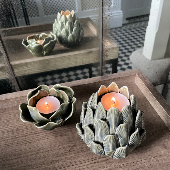 Rustic Green Ceramic Flower T-Light Holder - 2 Sizes