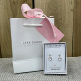 Life Charms the Thoughtful Jewellery Co. Silver plated stud hypoallergenic Earrings collection; Open Heart Drop Silver Stud Design in their gift box (included) with matching Life charm gift bag (sold separately)