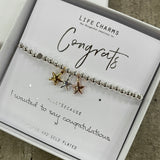 Life Charm Silver Bracelet with 3 star charms - gold, silver and rose gold - "Congrats #justbecause I wanted to say congratulations x"