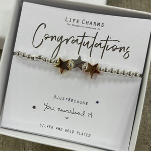 Life Charms Silver Bracelet with three star charms - gold, silver & rose gold - "Congratulations #justbecause You smashed it x"