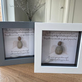 Mini Framed Pebble Art - White & Grey block square frame 12.5cm 'A feather from an angel is one we rarely see but this one is quite different and as special as can be. This feather is a reminder of a special person's love , who is now your guardian angel watching and protecting from above'The pebble angel with the wings in a soft background with a white feather loose inside the frame making this a beautiful gift