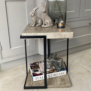 Concrete Effect MDF &amp; Black Iron Side Table
