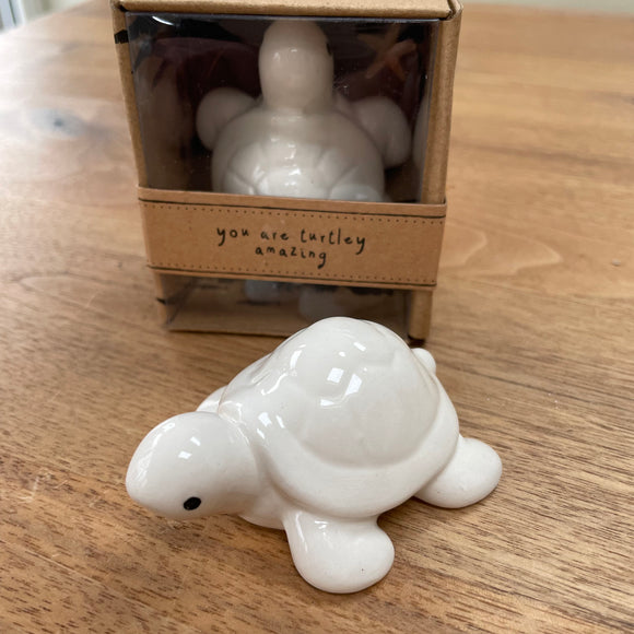 Cute White Ceramic Turtle Charm Keepsake 4cm Quote on the Send with Love box - 'you are turtley amazing' presented in a gift box