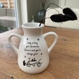 White Ceramic Mini Bud Vase with Twin Handle - 8cm with lovely quote; 'Stay among your favourite flowers and you will always grow'