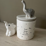 Cute Elephant white H12cm ceramic quotable Money Box; 'Small change for big adventures'