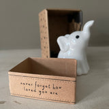Cute Elephant white H9cm ceramic Charm Keepsake Quote on the Send with Love box - 'Never forget how loved you are'