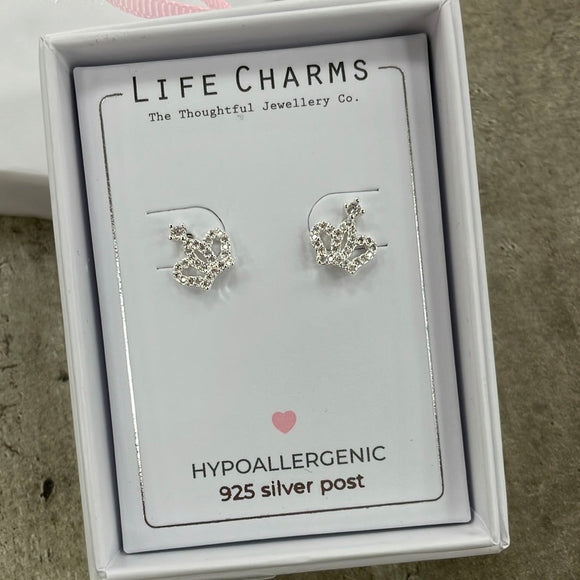 Life Charms the Thoughtful Jewellery Co. Silver plated stud hypoallergenic Earrings collection;  Crown Design