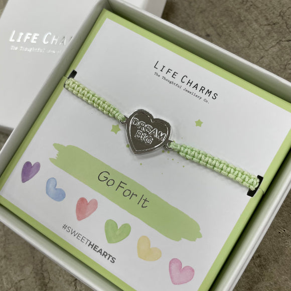 Life Charms Bracelet -Sweethearts Bracelet Collection; CARD MESSAGE - GO FOR IT INSCRIBED IN HEART - DREAM BIG 