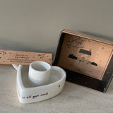 Ceramic Heart shaped Candlestick Holder with loving quote: 'Sometimes love is all you need' with send with love gift box
