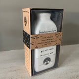 White Ceramic Mini Bud Vase 9cm with quote; 'Families are like branches on a tree, they grow in different directions yet our roots remain as one' Send with love gift box
