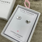 Life Charms the Thoughtful Jewellery Co. Silver plated stud hypoallergenic Earrings collection;  Half crystal  Heart design
