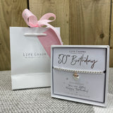 50th Birthday Bracelet in it's gift box with matching Life Charm Gift Bag (sold for £2 separately)