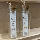 Sweet twinkle shaped earrings presented in a message bottle on a lovely card that reads "may your dreams come true"  Sterling silver