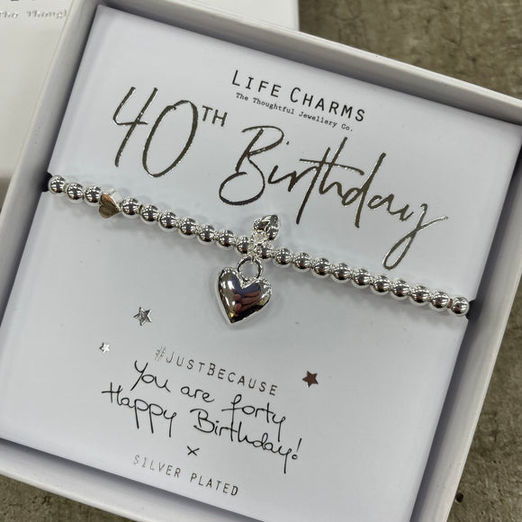 Life Charms Bracelet - '40th Birthday' puffed heart charm bracelet 