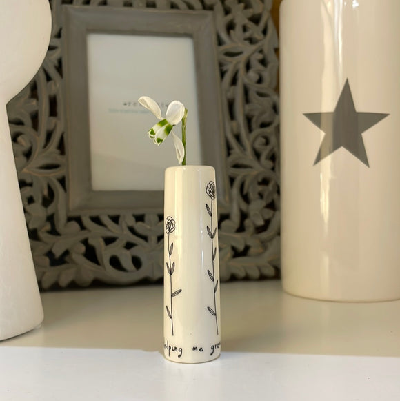Send with love mini 8cm white Bud Vase with quote; 'Thank you for helping me grow' A thoughtful thank you gift with the 'send with love' gift box