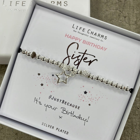 Life Charms Silver Bracelet with dangly star charm reads 