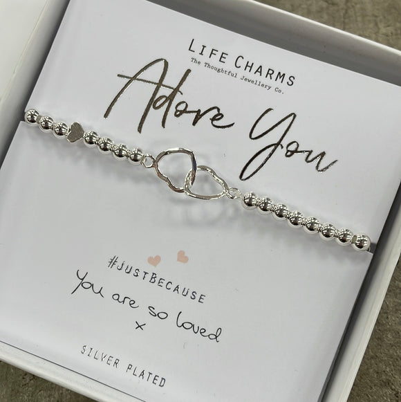 Life Charms Bracelet - 'Adore You' - intertwined hearts silver bracelet - 
