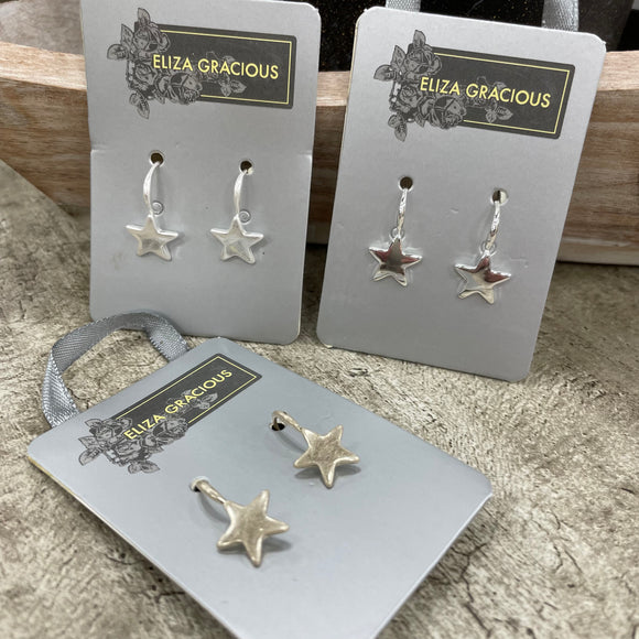 Eliza Gracious quality - affordable design led branded costume jewellery. Small Star on Hoop Earrings EE0147 Silver, Matt Silver & Pale Gold
