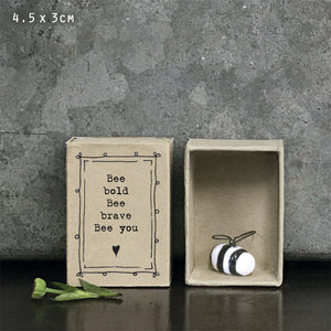 <h3>East of India quotable matchbox collection<br><strong></strong></h3> <h3>Porcelain little bee presented in a small matchbox with the words;</h3> <h3>'Bee bold Bee brave Bee you'</h3> <p>&nbsp;</p>
