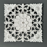 Whitewashed&nbsp;Square Wall Panel with Carved Flower Design&nbsp;- 35cm