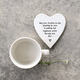 East of India Porcelain Coaster Heart shaped coaster with the words; 'May your troubles be less blessings be more &amp; nothing but happiness comes through your door'. 92