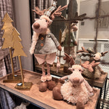Sitting Fur Reindeer with Green Hat & Scarf 32cm