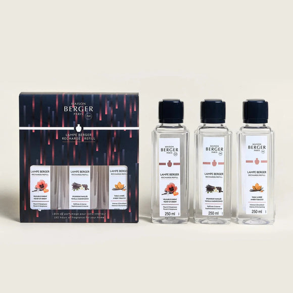 Maison Berger Variation Collection
Triopack of 250ml fragrances



Perfect Gift - only £20 for 750ml of fragrances 



Replenish your lamp berger with a sensory trilogy of Vanilla Magnificence, Amber Tobacco, and Velvet of Orient, offering a diverse and opulent olfactory journey. 24023