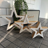 Set of 3 Standing Wooden white enamel open stars
Stars in 3 sizes; Small 13cm, Medium 18cm &amp; Large 24cm