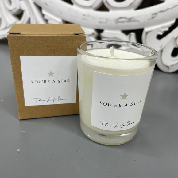 Life Store collection of 9cl Votive glass filled candles made using a natural wax blend  Quote - You're a Star  Fragrance - Black Oud