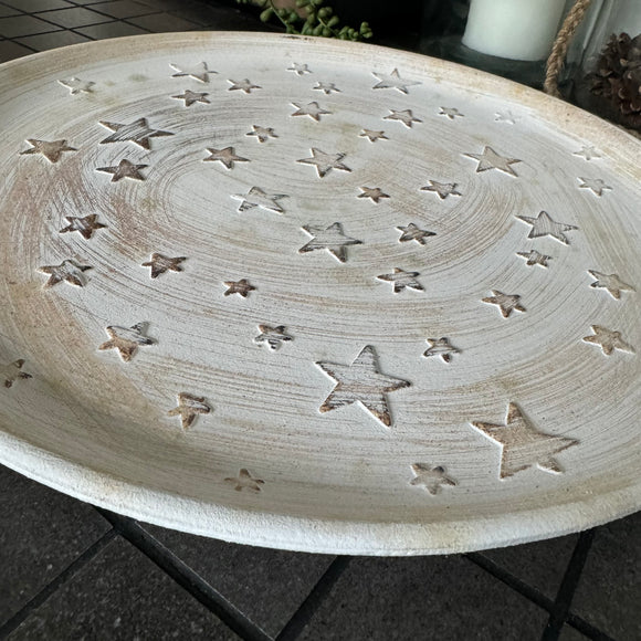 Netural Round distressed Bamboo tray with scattered multi stars, approx 39cm diameter