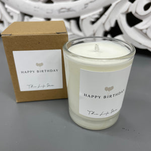 Life Store collection of 9cl Votive glass filled candles made using a natural wax blend  Quote - Happy Birthday  Fragrance - Provocateur