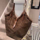 Faux suede Shoulder Bag with trim detail - Chocolate