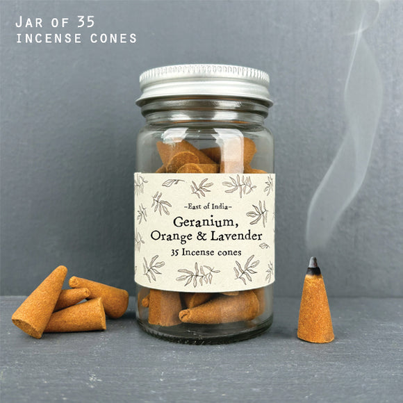 East of India collection; Glass jar of 35 Incense Cones Fragrance - Geranium, Orange & Lavender 