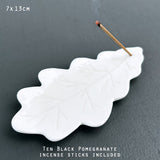 East of India White ceramic large Oak leaf incense stick holder 13x7cm Comes in a gift box and includes 10 Black Pomegrante incense sticks