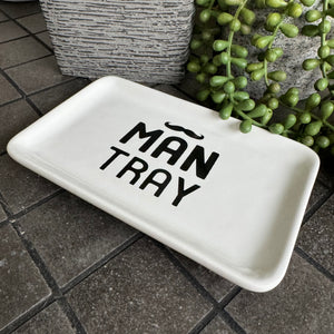 White Ceramic Small 16.5x10cm Dish with a quote in black text & image of a moustache; 'Man Tray'