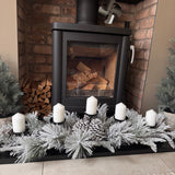 Statement Frosted pine &amp; pinecones&nbsp;with 5 flat pillar candle plates L100cm&nbsp;