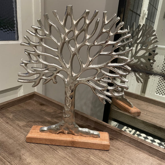 Aluminium Medium Silver Tree of Life mounted on a wooden slim block H36cm