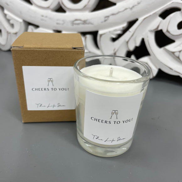 Life Store collection of 9cl Votive glass filled candles made using a natural wax blend  Quote - Cheers to You  Fragrance - Winter Scent