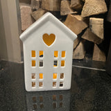 Grey Ceramic Dainty House 12cm T-Light Holder with heart detail LED T-light included