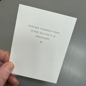 Chalk UK Card Collection - Simple designs but classy




Matt White card 118x90mm, blank inside for your own personal message;

Matt Grey text quote - 'Putting yourself first is not selfish it is necessary'&nbsp;