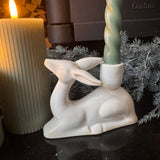 Off White Ceramic Glazed Resting Reindeer Dinner tapered candle Holder H10cm