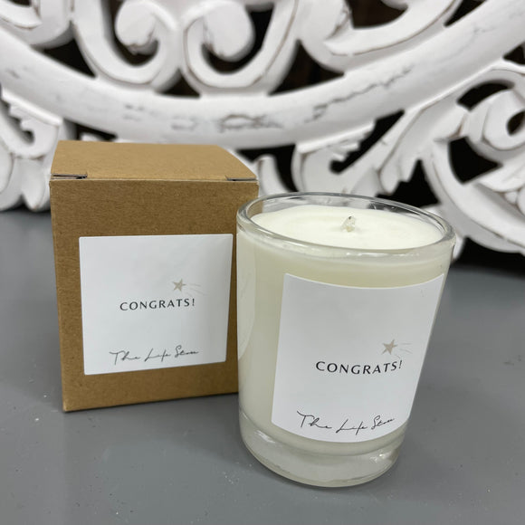 Life Store collection of 9cl Votive glass filled candles made using a natural wax blend  Quote - Congrats  Fragrance - Neroli