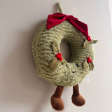 Fabric plush Christmas Wreath with face &amp; dangling legs and holly detail 27cm with a weighted base to sit firmly or can hang it like a wreath&nbsp;